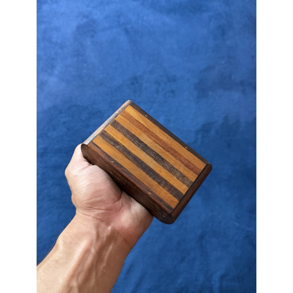 Wooden Keepsake Box Jewelry Mahogany Brown Small Trinket Box Inlay Striped Lid